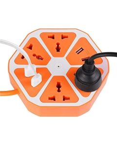 YOG 10 Amp Extension Board with 4 USB/Outlet Ports with 6 ft wire Surge Protection 2500W Multi-Faceted Safety Sockets (Orange Blue)