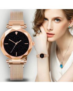 Round Diamond Dial Rose Gold Magnet Belt Analogue Watch for Women,Girls