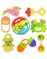 Colorful Attractive Plastic Non Toxic Set of 7 Shake & Grab Rattle and 1 Soothing Teether for New Born and Infants (Pack of 8 , Multicolor)