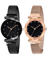 Round Diamond Dial with Black & Rosegold Magnet Belt Analogue Watch for Women, Girls Pack of - 2 