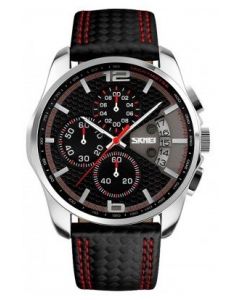 Skmei 9106  Black Leather Silver Black Dial Casual Analog Men's Watch With Date - CL