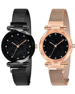 Round Diamond Dial with Black & Rosegold Magnet Belt Analogue Watch for Women, Girls Pack of - 2 